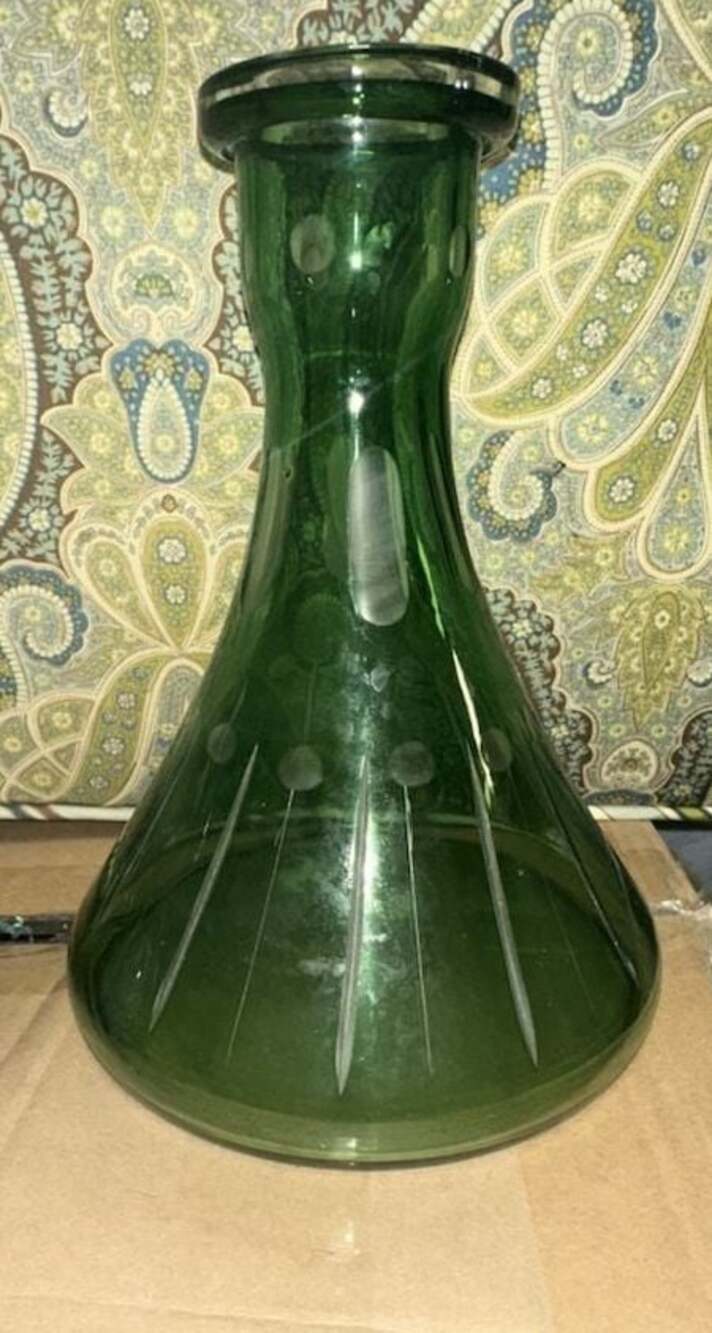 Emerald Green Blown Glass Vase with Etched Floral and Scrollwork Design